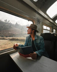 tourist traveling in the train with a hat reading - obrazy, fototapety, plakaty