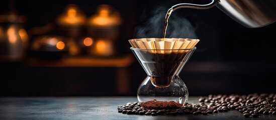 Alternative pouring method of water over filtered roasted and ground coffee beans for brewing drip filter coffee With copyspace for text - obrazy, fototapety, plakaty