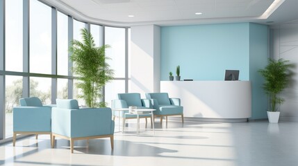 A serene medical clinic with minimalist design, light blue walls, and a peaceful atmosphere. The reception area features a simple desk and cozy chairs