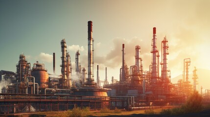Sunset view of an oil refinery complex, with towering smoking chimneys, in warm tones. The industrial landscape showcases the scale and magnitude of the oil industry