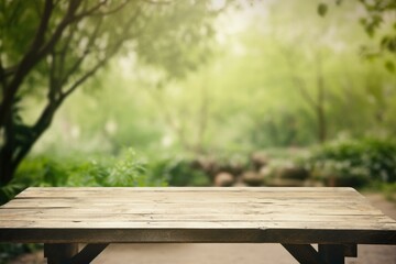Plain table with blurry garden backdrop. Generative AI