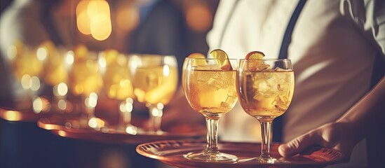Waiter serving drinks at a blurry vintage themed wedding event With copyspace for text