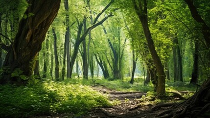 Fototapeta premium A vibrant, sunlit green forest with lush foliage and intricate details. The eye-level view captures the bright mood and tranquil setting