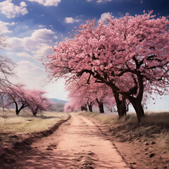 Naklejka premium Cherry blossoms in spring season with road and blue sky.