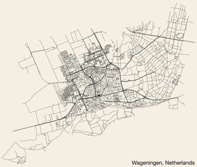 Detailed hand-drawn navigational urban street roads map of the Dutch city of WAGENINGEN, NETHERLANDS with solid road lines and name tag on vintage background