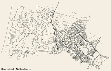 Detailed hand-drawn navigational urban street roads map of the Dutch city of HEEMSKERK, NETHERLANDS with solid road lines and name tag on vintage background