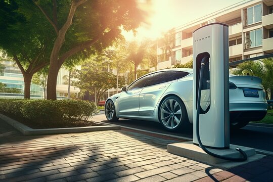 EV charging station near electric car in park. Generative AI
