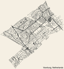 Detailed hand-drawn navigational urban street roads map of the Dutch city of VOORBURG, NETHERLANDS with solid road lines and name tag on vintage background