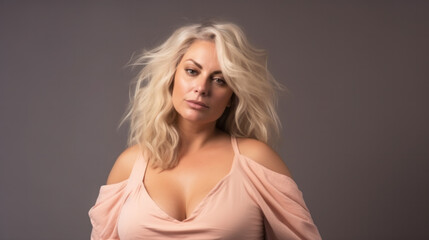 Naklejka premium Excited luxury plus size woman in front of a studio background