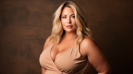 Excited luxury plus size woman in front of a studio background