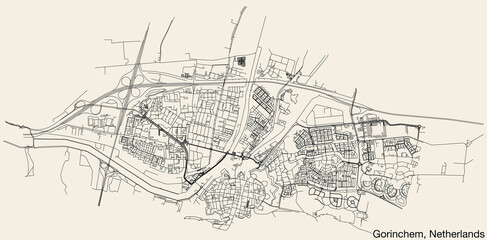 Detailed hand-drawn navigational urban street roads map of the Dutch city of GORINCHEM, NETHERLANDS with solid road lines and name tag on vintage background