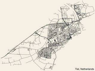 Detailed hand-drawn navigational urban street roads map of the Dutch city of TIEL, NETHERLANDS with solid road lines and name tag on vintage background