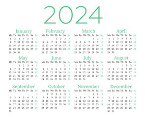 Calendar 2024 in English, week starts on Monday, corporate design template vector.