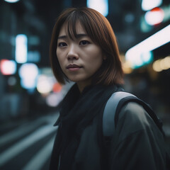 Mujer asiática en una calle de una ciudad por la noche 
