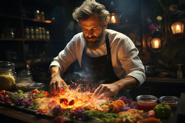 A chef in a kitchen experimenting with ingredients, showcasing culinary knowledge and creativity. Concept of gastronomic artistry. Generative Ai.