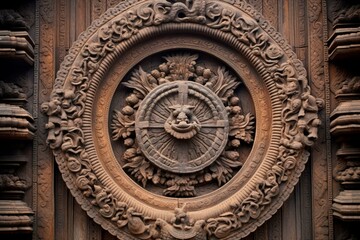 Fototapeta na wymiar Wooden door of temple adorned with lotus wood carving. Generative AI