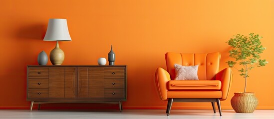 Retro furniture in an orange living room With copyspace for text