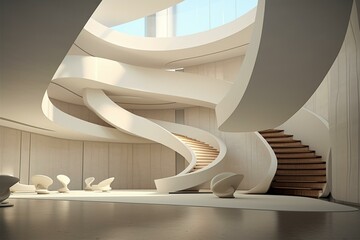 Modern interior with curved structure, staircase, and neutral backdrop ideal for product display. Generative AI