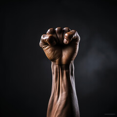 Close up of black male fist isolated on black background. Concept of strength and power.