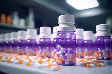 Prescribed opioids with many pill bottles in the background. Concepts of dependence, opioid crisis, overdose, and medical purchases. Generative AI - obrazy, fototapety, plakaty