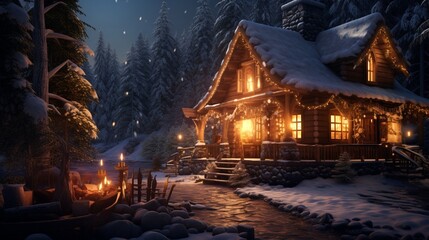 A cozy cabin in the woods during winter, surrounded by a blanket of snow, with a warm fire crackling inside and the soft glow of lanterns in the windows