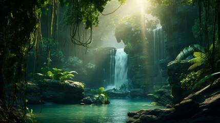 A lush waterfall hidden deep within a tropical rainforest, sunlight filtering through the canopy to create a mystical, emerald-green ambiance - obrazy, fototapety, plakaty