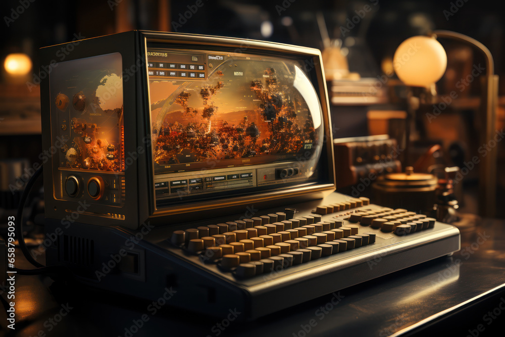 Poster a computer evolving from a room-sized machine to a handheld device, depicting technological progress