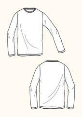 Man long sleeve t-shirt raw cut flat sketch fashion illustration with front and back view. Drawing vector template mock up