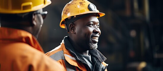 A pair of African mine workers in protective gear converse about coal quality on site at a mine With copyspace for text - obrazy, fototapety, plakaty