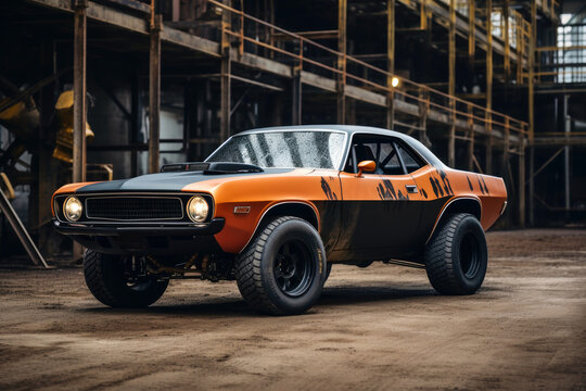A vintage muscle car reimagined as a construction site workhorse.