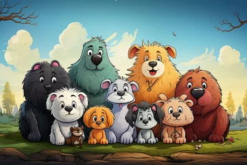 Fototapete Charming cartoon illustration celebrating World Animal Day, featuring adorable animals in a playful, heartwarming scene, colorful and joyful © faissal El Kadousy