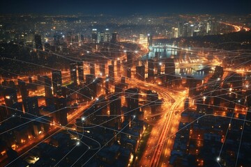 Fototapeta na wymiar City at night with illuminated connections and urban lights. Generative AI