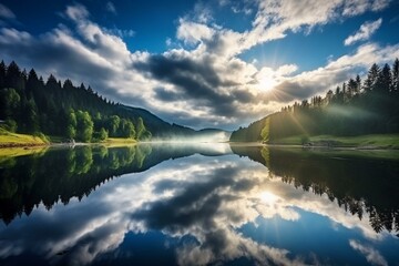 Stunning cloud reflection on Lispach Lake, La Bresse, Vosges. Generative AI
