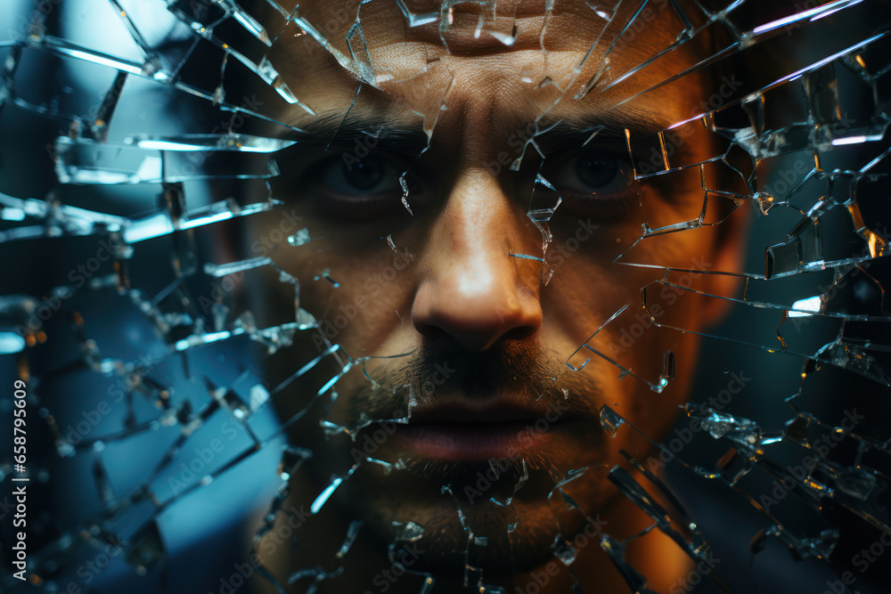 Poster a person's reflection in a shattered mirror, symbolizing fractured self-identity. concept of self-di