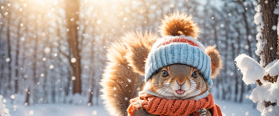 Cute cartoon squirrel in a winter clearing