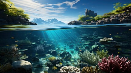 Fototapeta na wymiar Underwater Scene - Tropical Seabed With Reef And Sunshine.