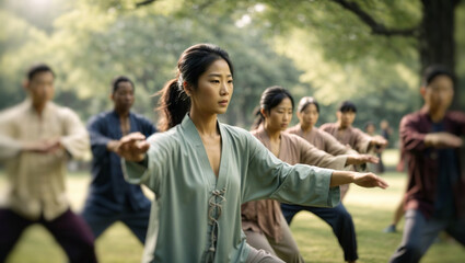 group of oriental people practicing tai chi in a park in manhatan, united states, ancient oriental culture - obrazy, fototapety, plakaty