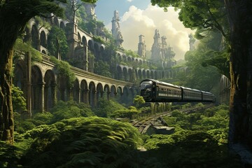 A high-tech train races through an enchanted woods with towering stone columns and lush greenery. Generative AI