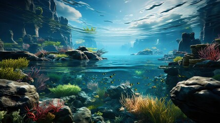 Underwater Scene - Tropical Seabed With Reef And Sunshine.