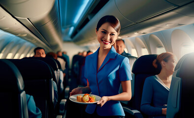 a smiling flight attendant, on a commercial flight, serving catering to passengers