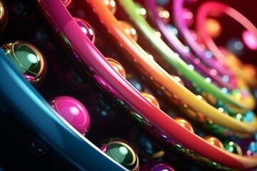 Colorful spiral with glossy balls and bright light. Abstract and 3D illustration. Generative AI