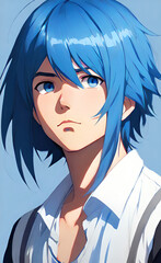 a confident and charismatic anime boy with spiky blue hair. Anime male man, manga style, anime character style. Anime Avatar Young Man Online Identity Profile Virtual Gaming.
