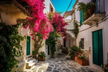 Fototapeta na wymiar A charming village in Greece with colorful houses and beautiful bougainvillea flowers. Generative AI