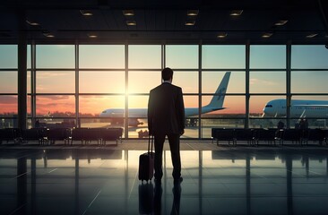 businessman at the airport terminal waiting for the plane, travel concept