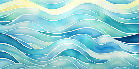 Fototapeta premium Ocean wave, water ripples watercolor illustration. Blue, teal, turquoise happy cartoon wave for pool party or ocean beach cruise travel. Wavy web mobile banner backdrop, copy space.