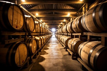 Storage of alcoholic beverages in oak barrels. Generative AI - obrazy, fototapety, plakaty