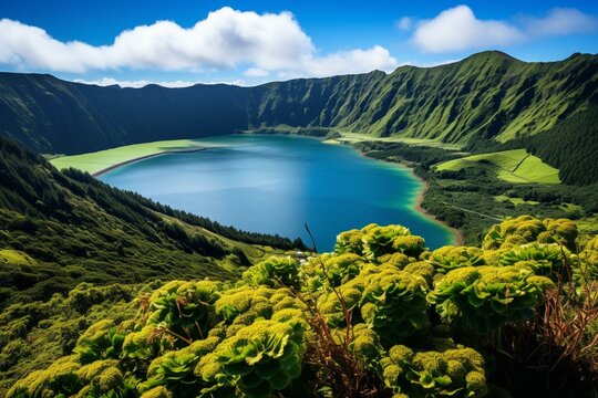 Vegetated crater hill by turquoise blue water lagoa do fogo, São Miguel - Azores, Portugal. Generative AI