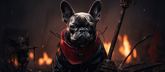 French Bulldog in Halloween devil outfit with pitchfork wings and devilish features standing by cobweb covered tombstone in a graveyard With copyspace for text
