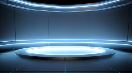 modern interior glowing podium stage in spaceship