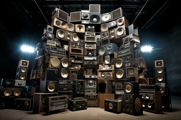 A collection of sound systems stacked on top of each other. Generative AI - obrazy, fototapety, plakaty